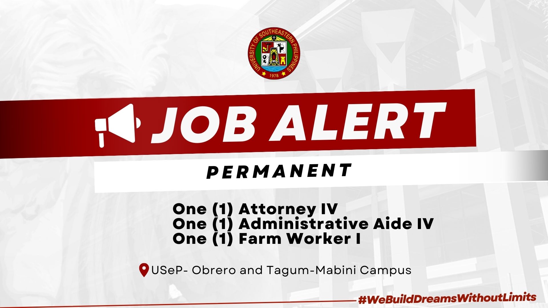 USeP Job Hiring! USeP is in need of three (3) non-teaching personnel for Obrero and Tagum-Mabini Campus