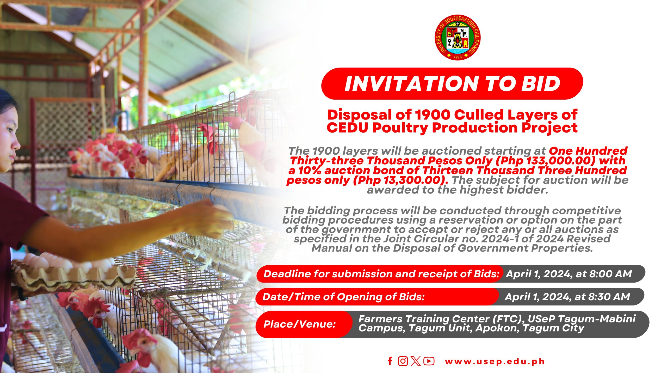 [𝗜𝗡𝗩𝗜𝗧𝗔𝗧𝗜𝗢𝗡 𝗧𝗢 𝗕𝗜𝗗] Disposal of 1900 Culled Layers of CEDU Poultry Production Project