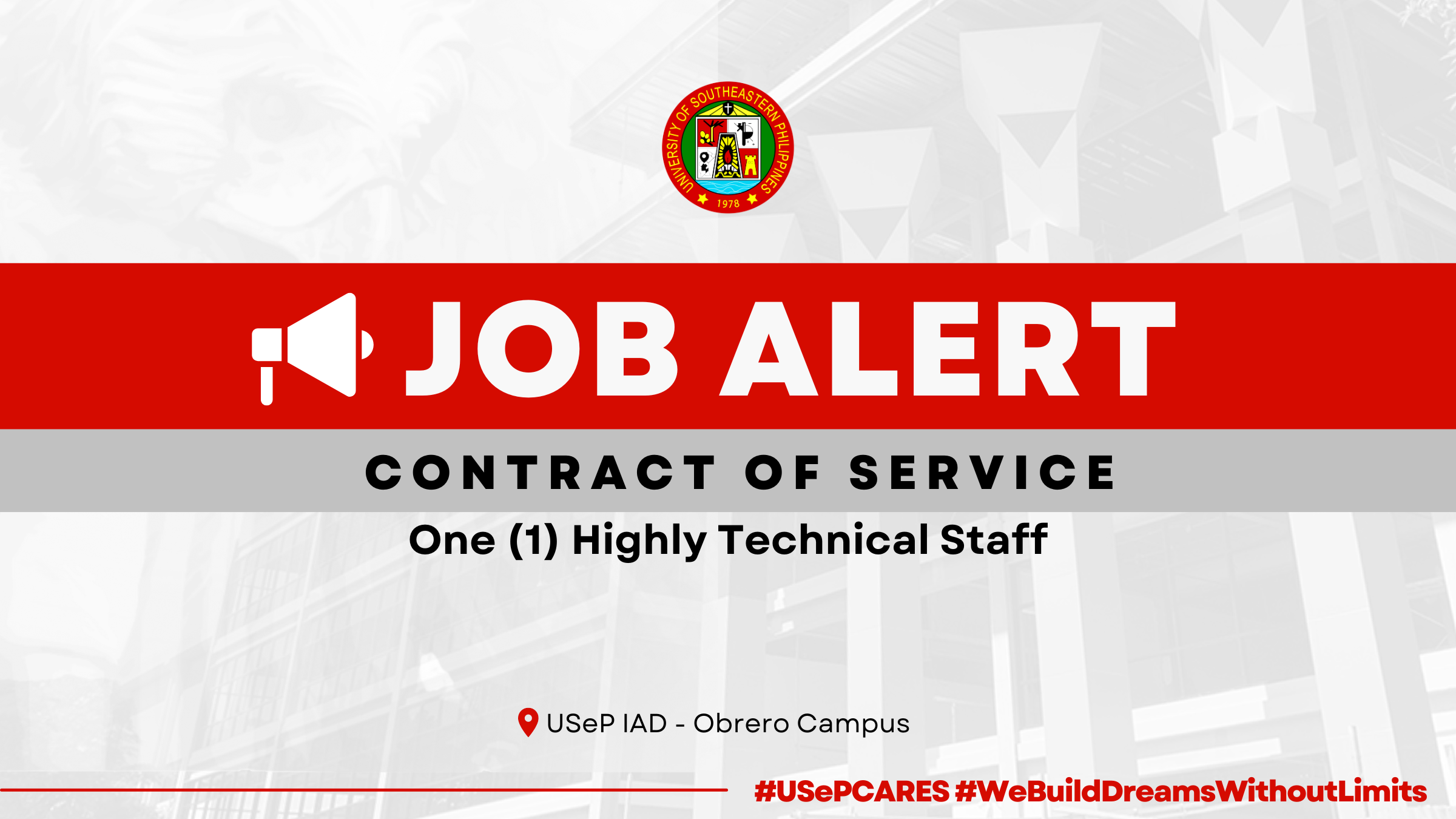 USeP Job Hiring! USeP is in need of one (1) non-teaching personnel for IAD – Obrero Campus