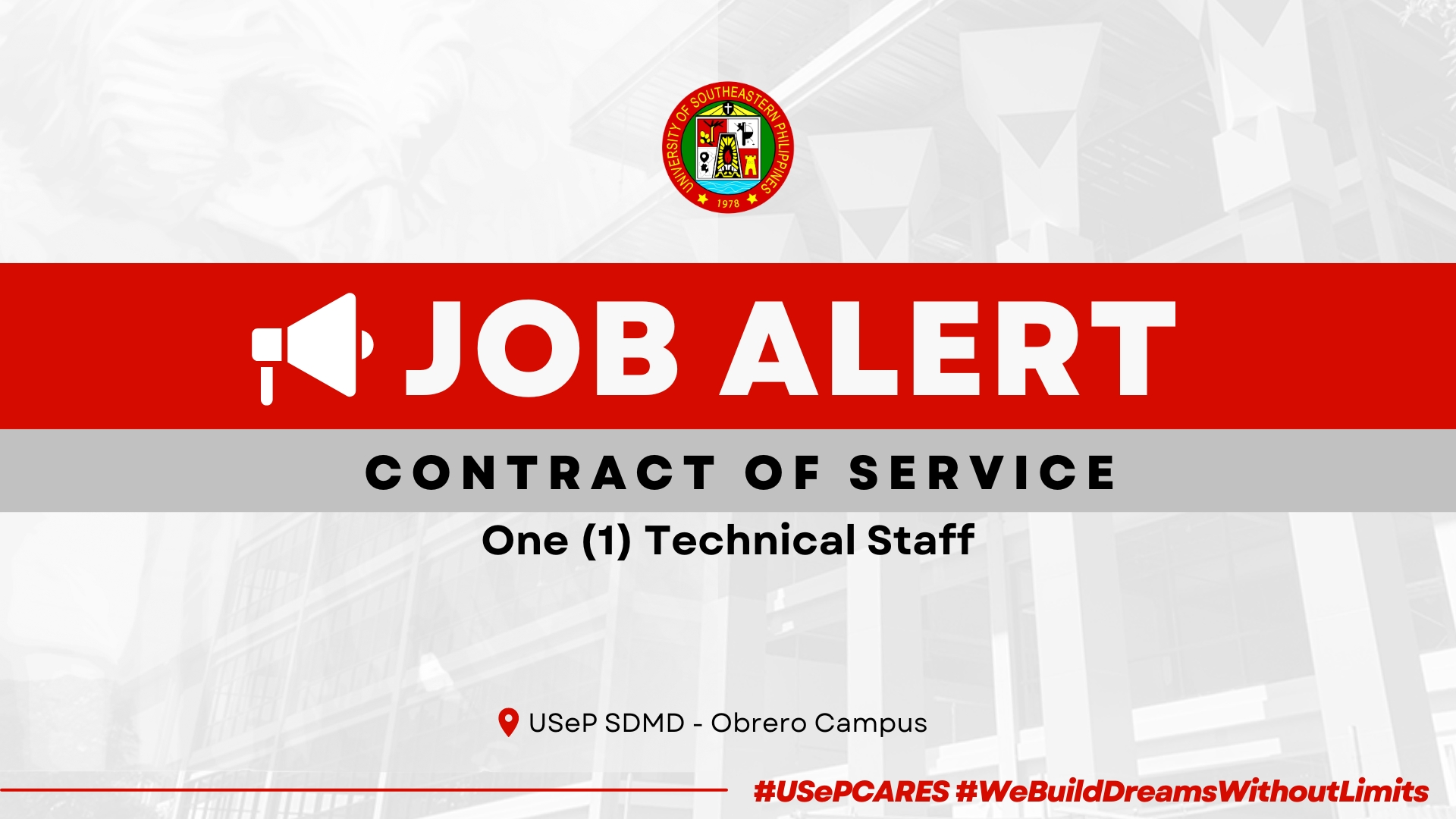 USeP Job Hiring! USeP is in need of one (1) non-teaching personnel for SDMD – Obrero Campus