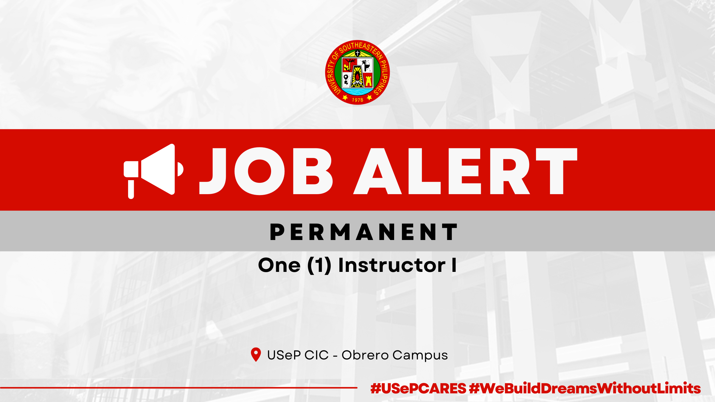 USeP Job Hiring! USeP is in need of one (1) teaching personnel for the College of Information Technology (CIC) – Obrero Campus