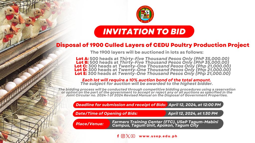 [INVITATION TO BID] Disposal of Culled Layers of CEDU Poultry Production Project