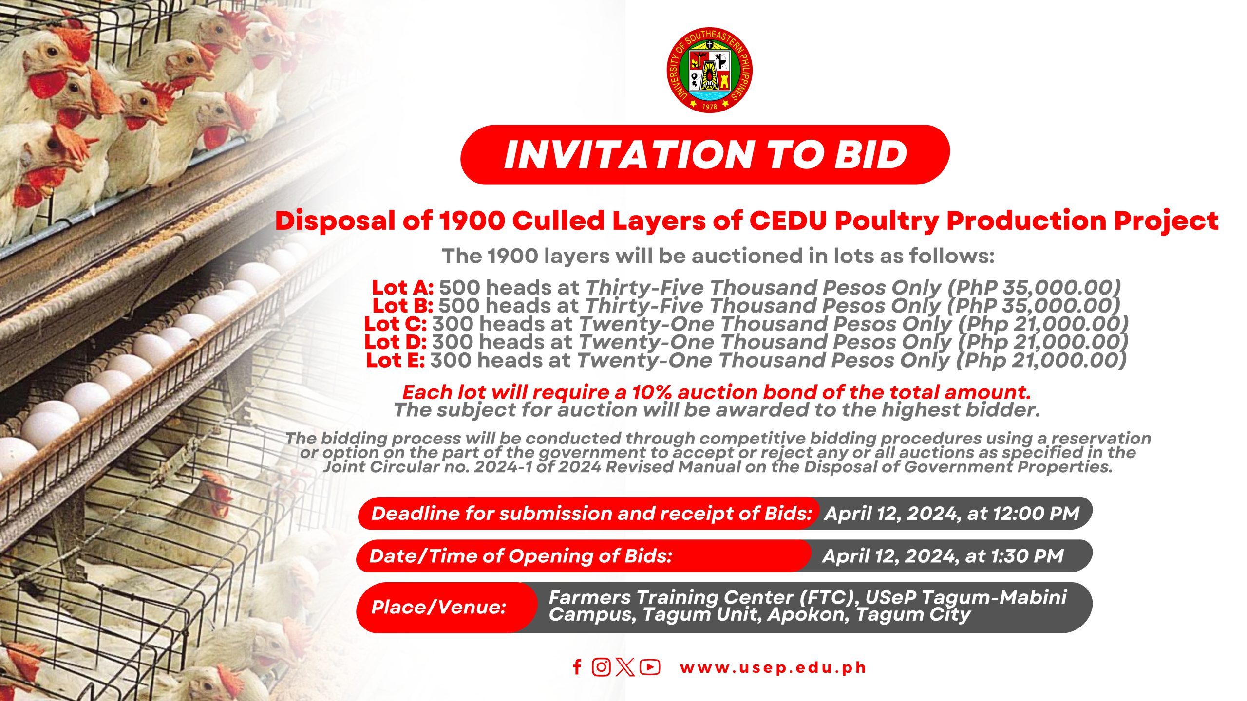 [INVITATION TO BID] Disposal of Culled Layers of CEDU Poultry Production Project