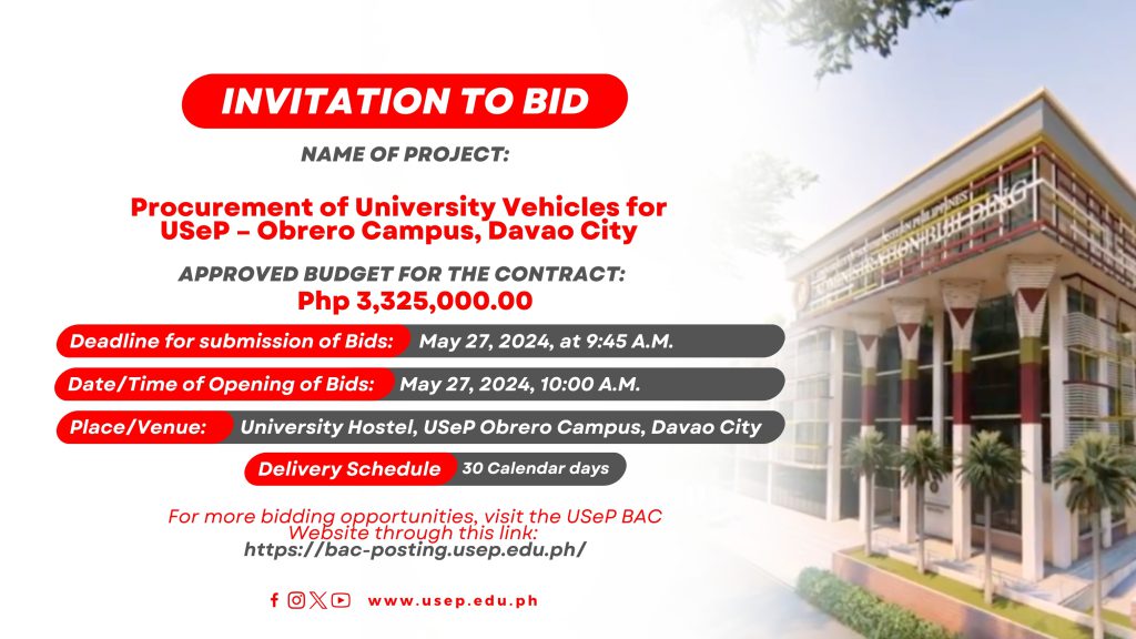 INVITATION TO BID: Procurement of University Vehicles for USeP – Obrero Campus, Davao City