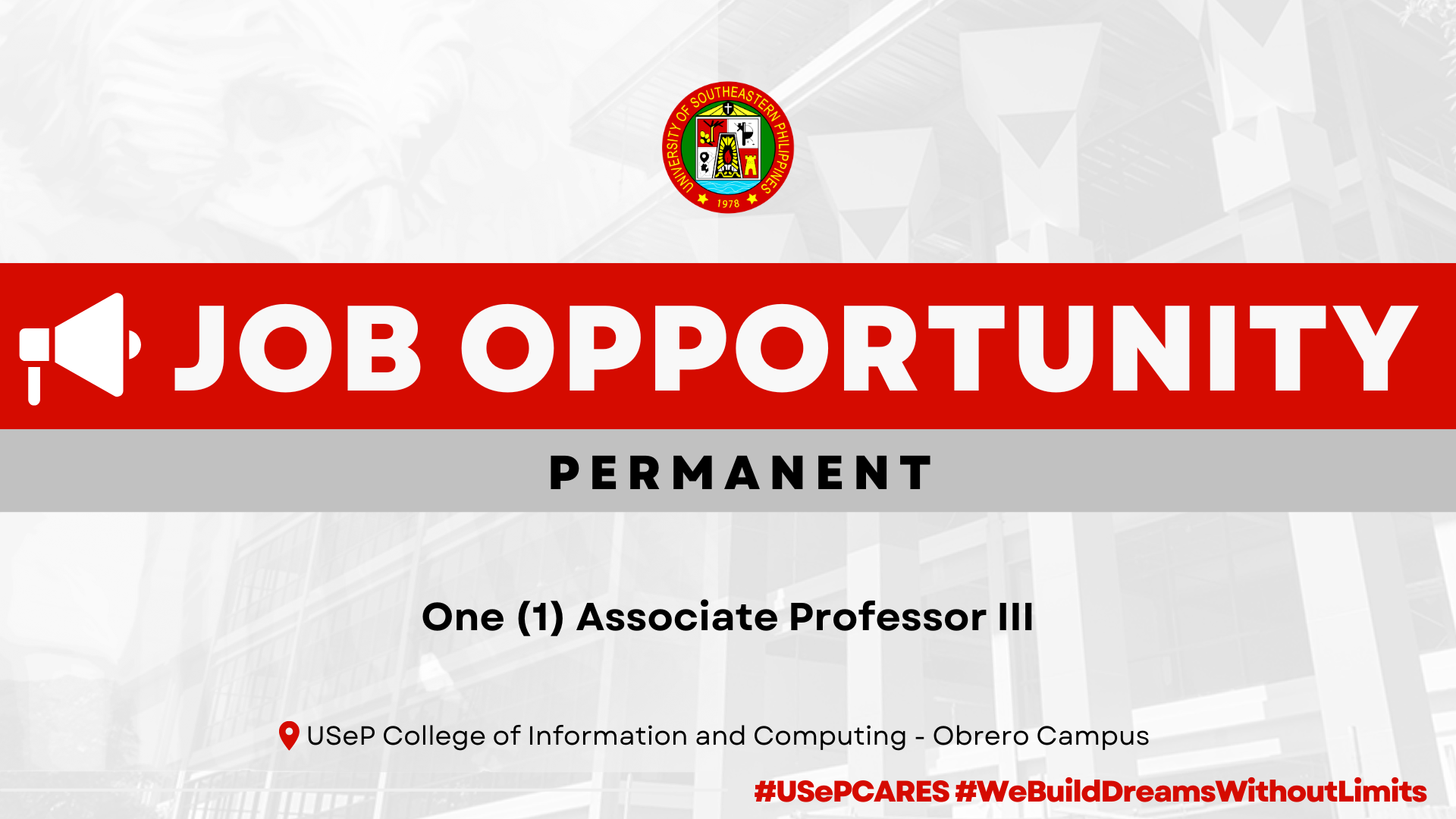 USeP Job Hiring! USeP is in need of one (1) teaching personnel for the College of Information and Computing (CIC) – Obrero Campus
