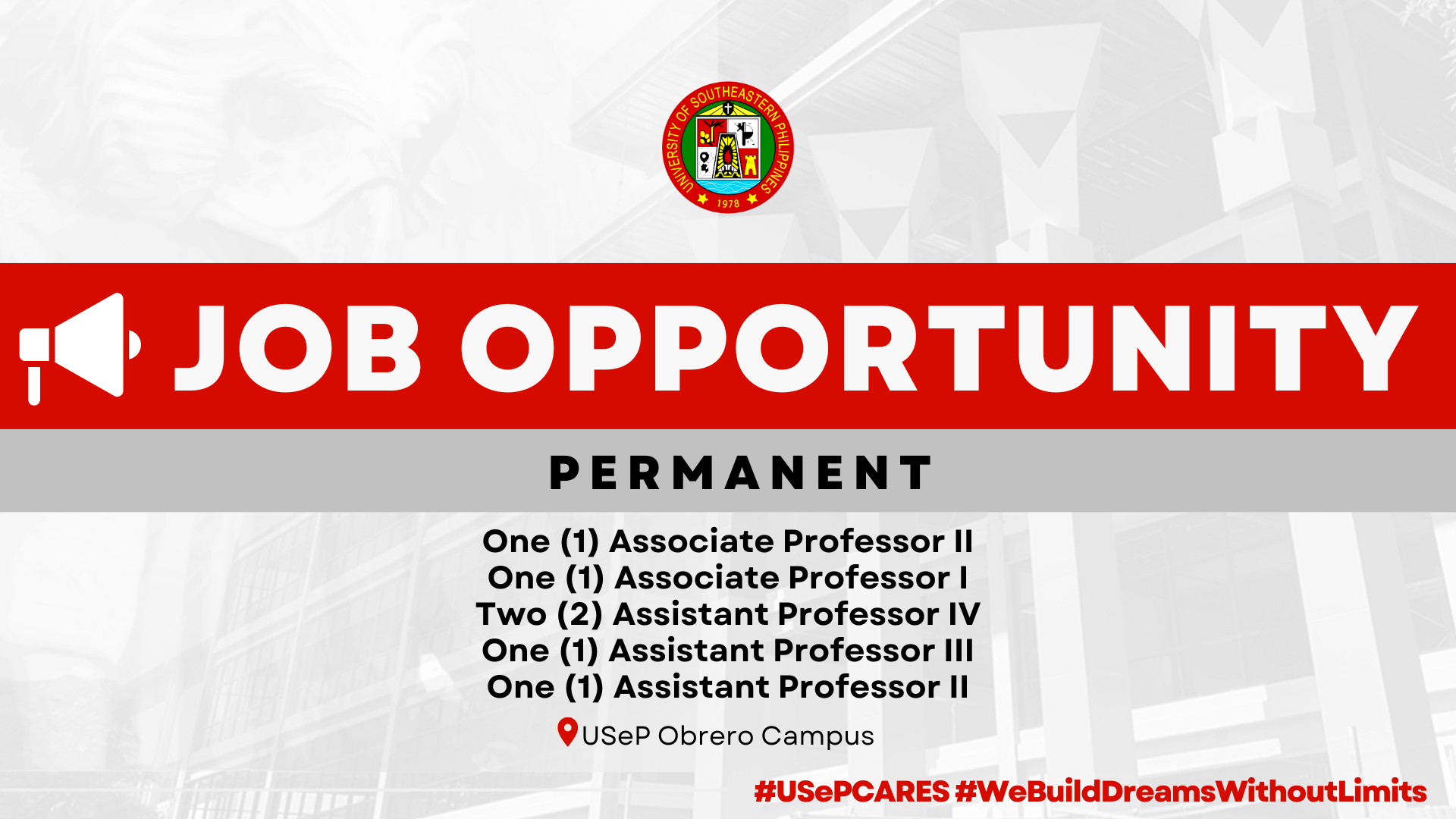 USeP Job Hiring! USeP is in need of six (6) teaching personnel for the College of Education (CEd) – Obrero Campus