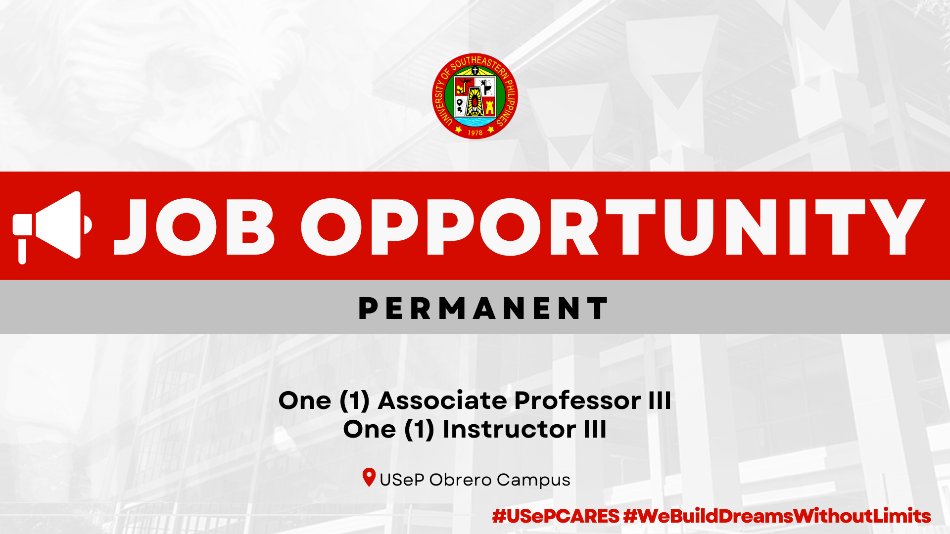 USeP Job Hiring! USeP is in need of two (2) teaching personnel for Obrero Campus