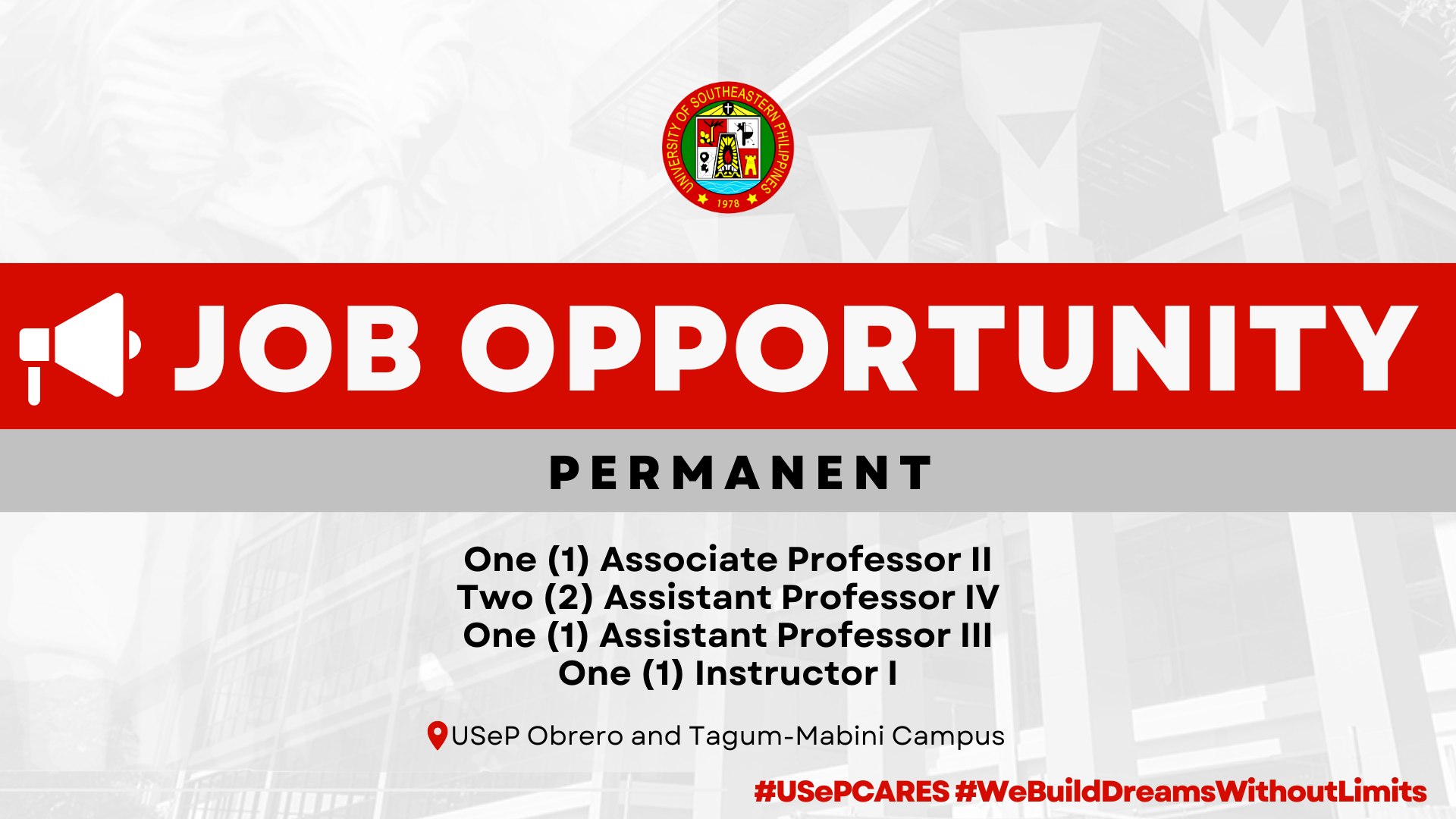 USeP Job Hiring! USeP is in need of five (5) teaching personnel for Obrero and Tagum-Mabini Campus