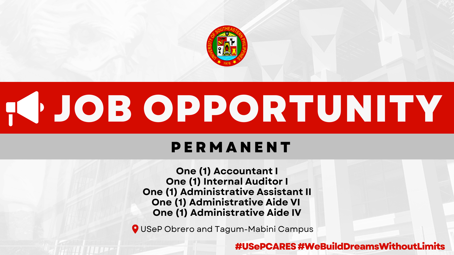 USeP Job Hiring! USeP is in need of five (5) non-teaching personnel for Obrero and Tagum-Mabini Campus