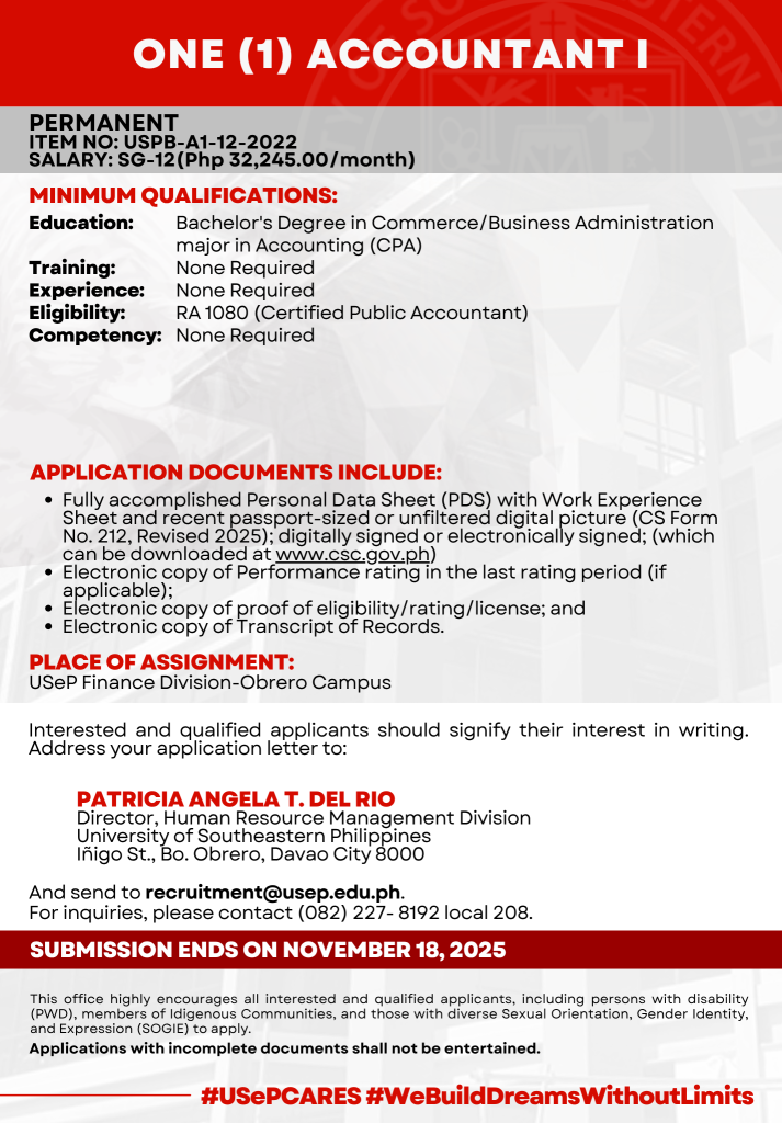 USeP Job Hiring! USeP is in need of five (5) non-teaching personnel for ...