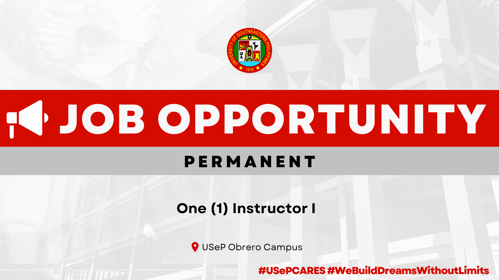 USeP Job Hiring! USeP is in need of one (1) teaching personnel for the College of Applied Economics – Obrero Campus