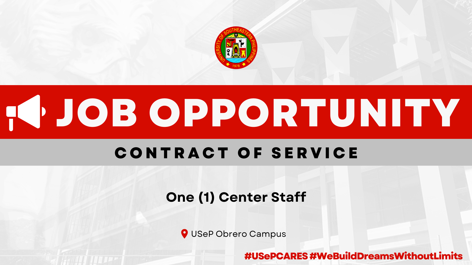 USeP Job Hiring! USeP is in need of one (1) non-teaching personnel for the College of Information and Computing – Obrero Campus